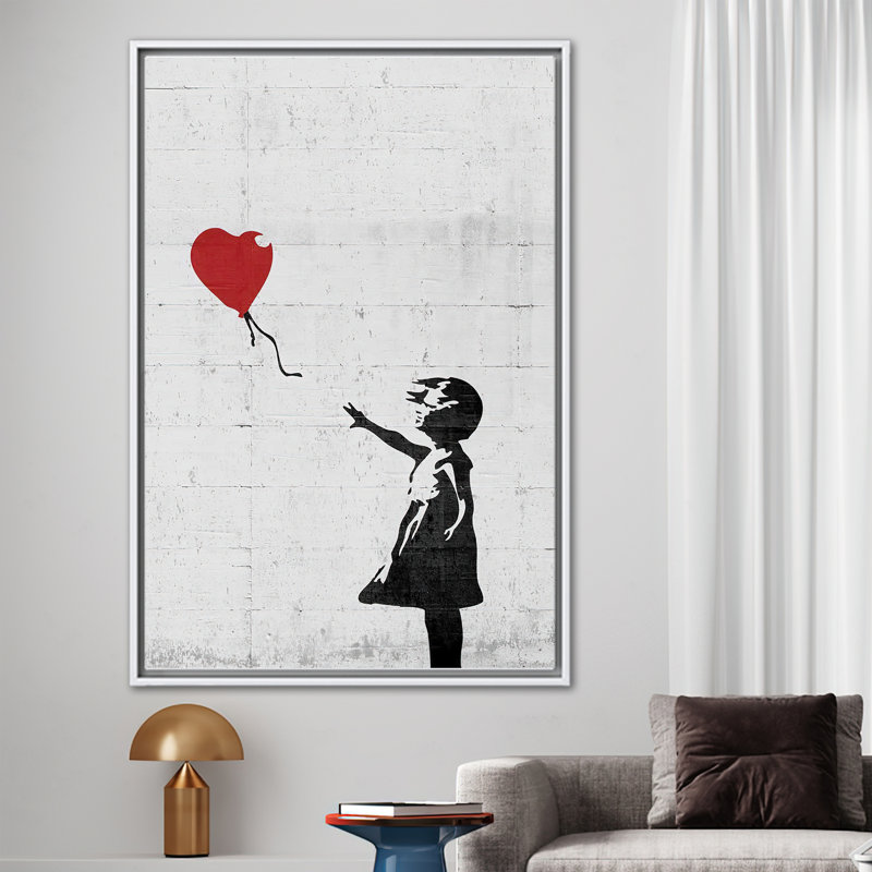 «Banksy Girl with Red Balloon Graffiti», reproduction d'art sur toile, H 100 po x l 45 po, Cadre flottant blanc