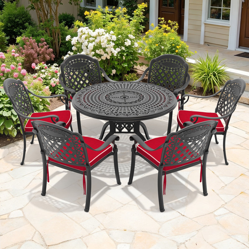Ensemble de 7 pièces de mobilier de patio en aluminium coulé avec cadre noir et coussins de siège rouges