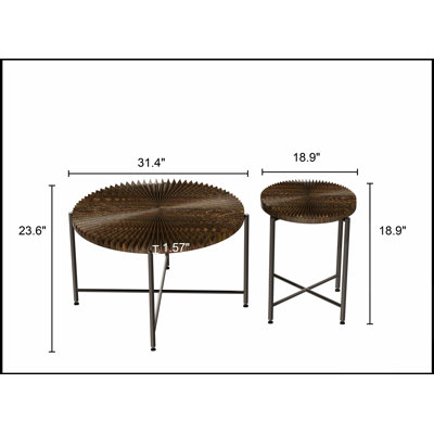 Ensemble de 2 tables basses et d'appoint à motif radial – MDF imperméable avec revêtement en PVC, design cylindrique vieilli, pieds en métal noir, charme rustique classique