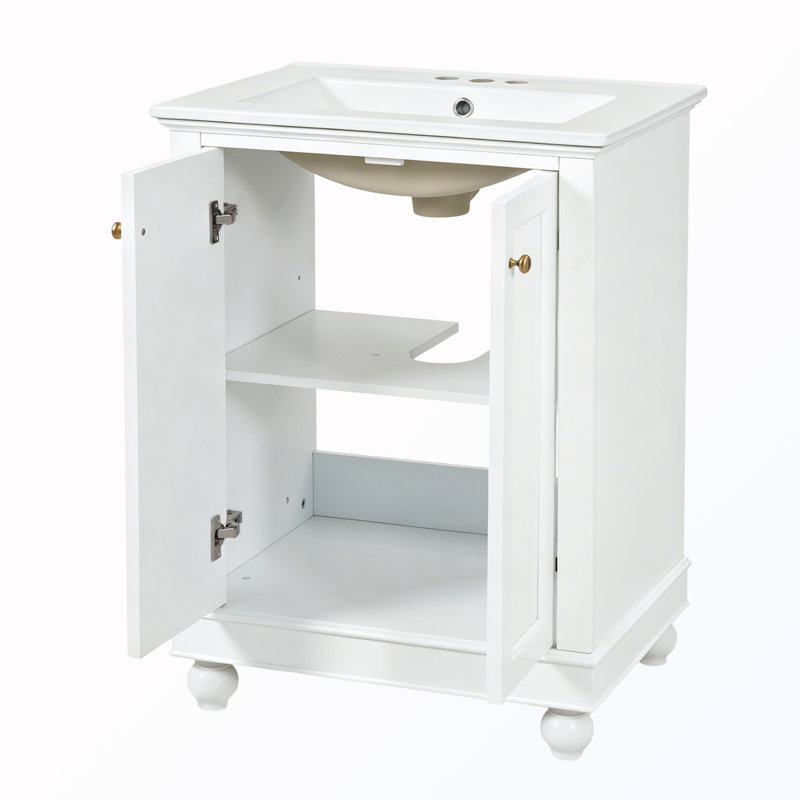 Meuble-lavabo autoportant avec rangement à fermeture douce et tablette et lavabo réglables, Blanc
