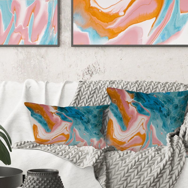 Bleu et rose clair, art liquide en marbre - Coussin 1