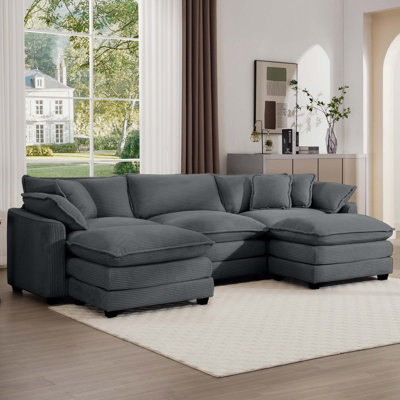 Canapé modulaire rembourré 4 pièces, 1 canapé 2 places 2 pièces et 2 repose-pieds, causeuse 2 places avec repose-pieds, chenille beige