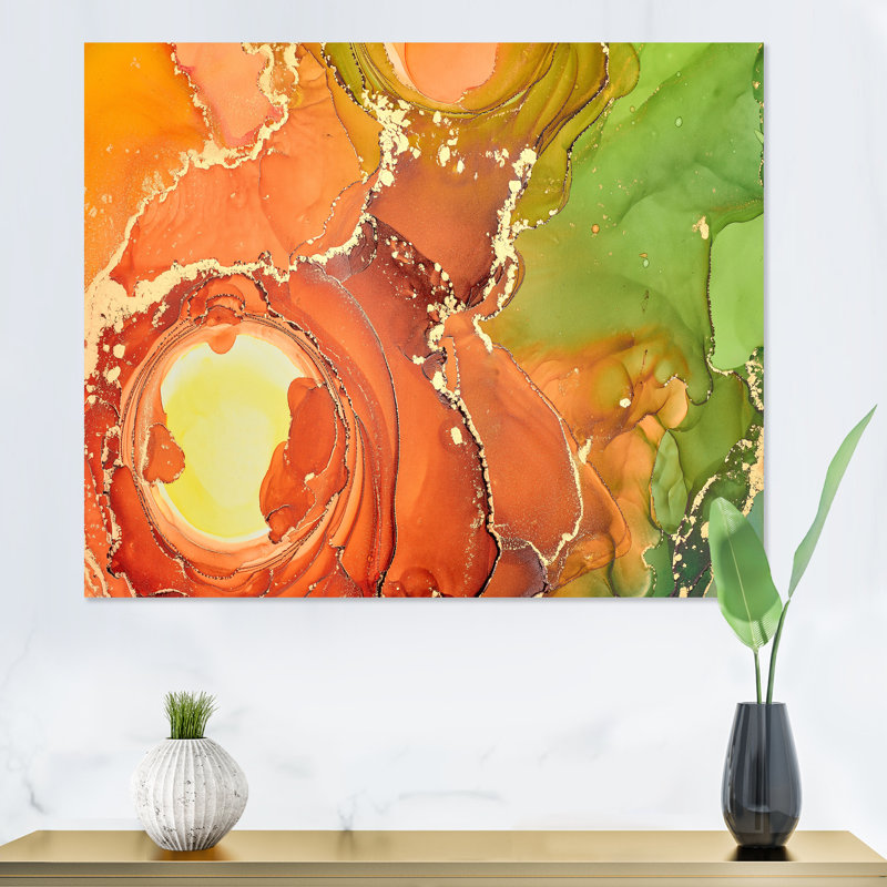 «Brown and Green Luxury Abstract Fluid Art», peinture sur toile, Toile tendue, H 16 po x l 32 po
