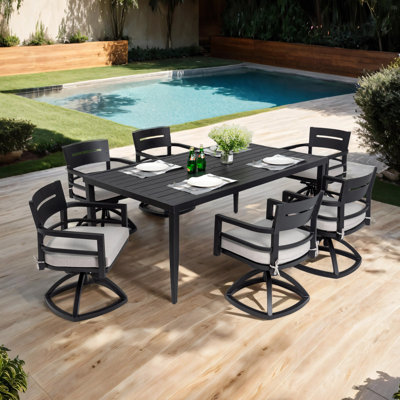 7-Piece Outdoor Patio Aluminum Furniture, Modern Dining Set, Including 6 Swivel Rockers Sunbrella Fabric Cushioned And Rectangle Dining Table With Umbrella Hole, Ember Black