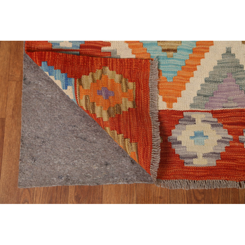 Tapis bleu / orange / crème en laine noué à la main de conception unique 6 pi 11 po x 9 pi 9 po New Age