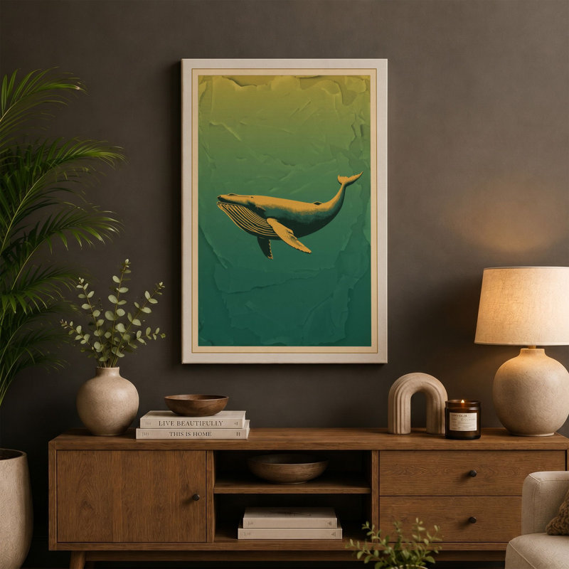Whale in Teal Waters Coastal - Wrapped Canvas, 24x16 - 61.0 x 40.6 cm, Cream Border