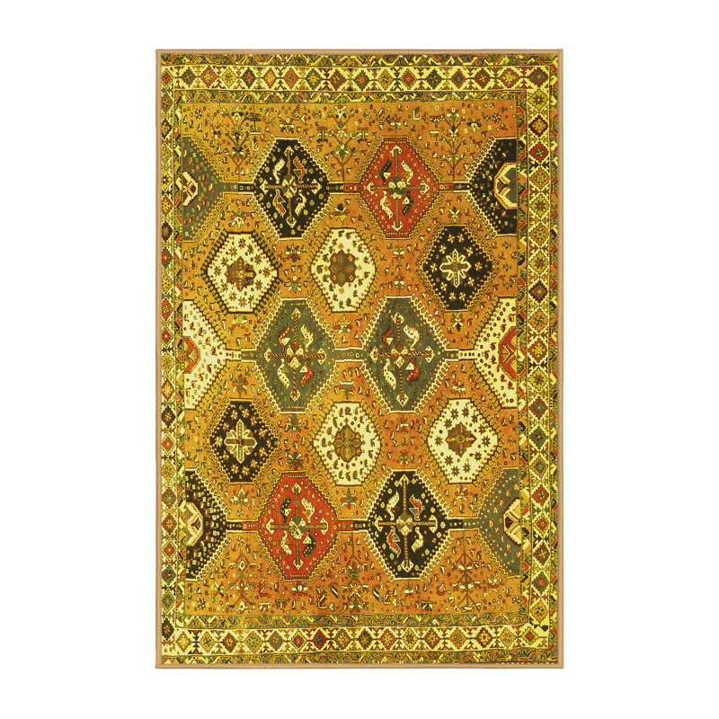 Tapis marocain en polyester / chenille tissé à la machine en ambre / beige / noir, Rectangle 7 pi x 9 pi