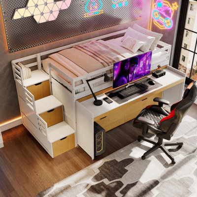 Lit mezzanine avec bureau coulissant et lit gigogne simple, lit superposé multifonctionnel avec 2 tiroirs de rangement et marches de rangement, jeu de lit et station de travail peu encombrants