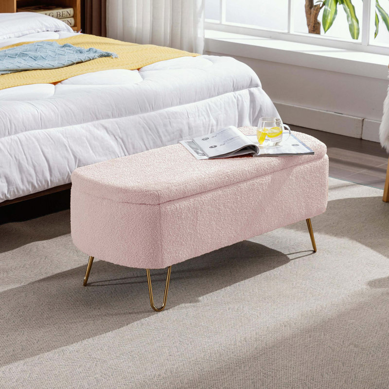 Banc de rangement avec repose-pieds avec fausse fourrure et pieds dorés, Rose