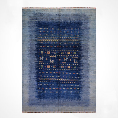 Original Hand Knotted Traditional Pattern Blue Wool and Cotton Rug