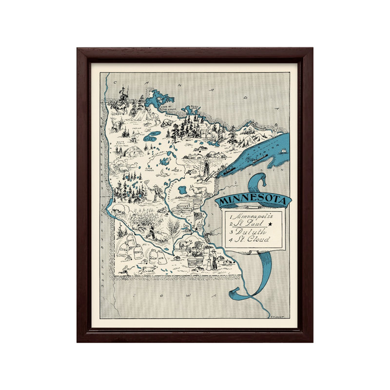 Carte illustrée du Minnesota, H 11 po x l 14 po, Canevas, Encadrement brun