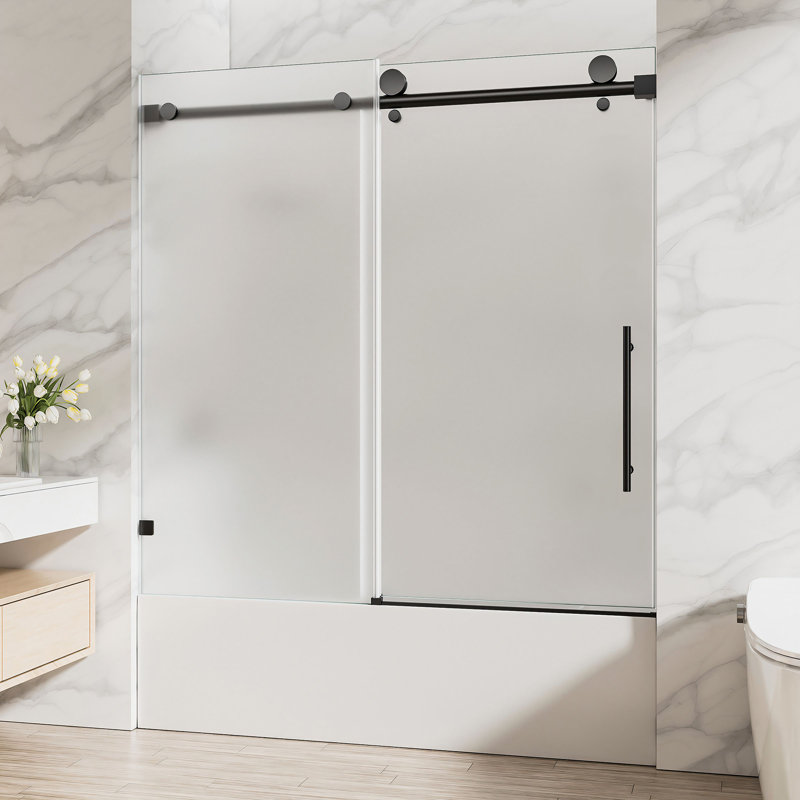 56 - Porte de baignoire coulissante entièrement sans cadre avec verre trempé givré de 5/16 po (8 mm) et quincaillerie en acier inoxydable de 56 po x 60 po, noir mat, robuste et durable