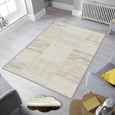 Tapis beige en polyester tissé à la machine à motif mécanique Mcowen