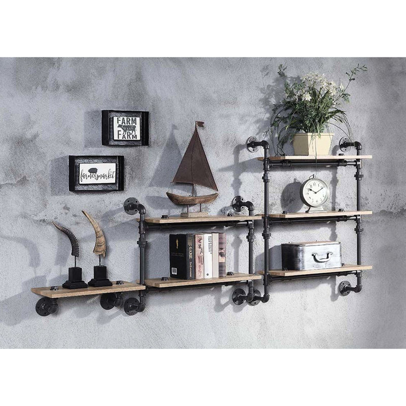 Étagère murale à 2 niveaux, chêne et métal, couleur noir sableux, aspect de conduite d'eau, L 23 po x l 9 po l 12 po d'espace pour le tube de rangement en métal, design, décoration intérieure élégante