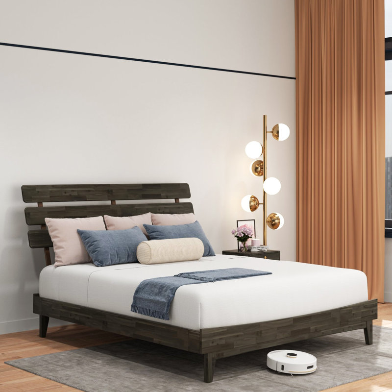 Caden Solid Wood Platform Bed with Adjustable Headboard, Mid-Century Modern, King, Mocha
