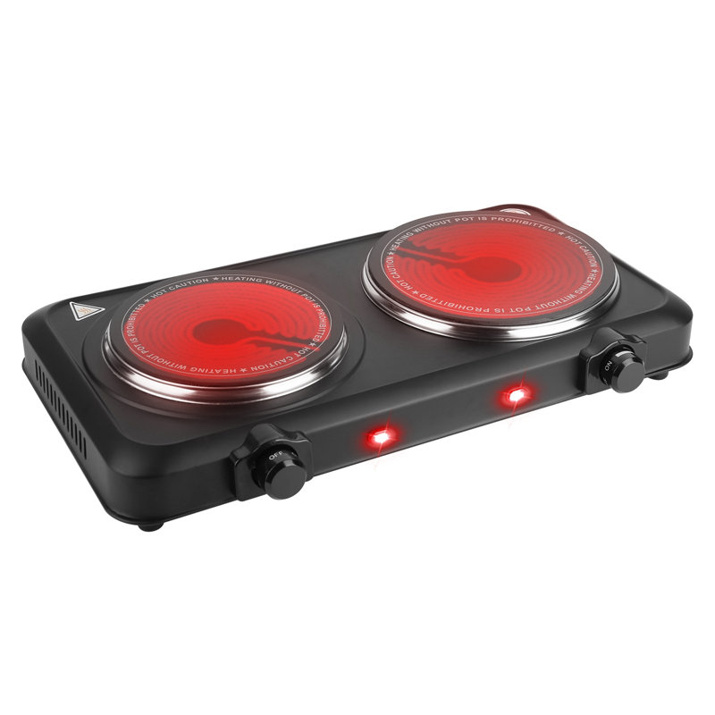 Black 1800W Portable Infrared Electric Dual Burner - Countertop Double Hot Plate with 7.5" & 6.3" Glass Cooktops and Stepless Temperature Control
