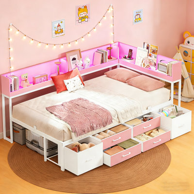 Full Daybed with 6 Drawers LED Corner Bed with Bookcase & Charging Station Metal Platform Bed Frame for Bedroom, Guest Room, Pink