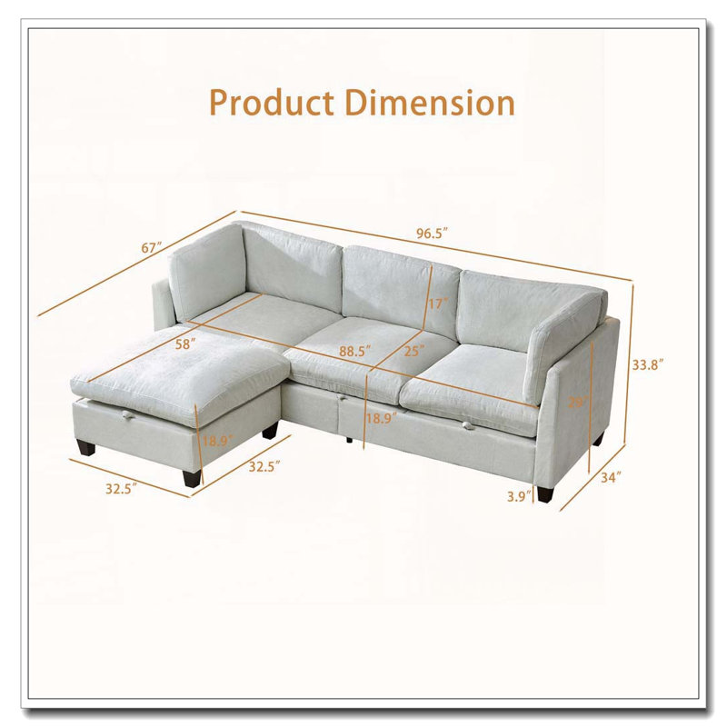 Canapé modulaire 96,5 po pour salon, canapé rembourré en chenille douce, Beige-1Ottman