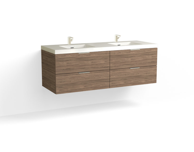 Avila 60" W Wall Mounted Double Bathroom Vanity, Matte White/8" Widespread, Nocino, Satin Nickel