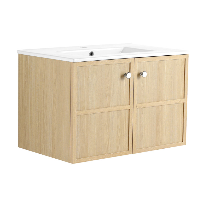 Meuble-lavabo de salle de bain avec lavabo, armoire de rangement de salle de bain moderne à bords arrondis et courbes avec tiroir, lavabo en céramique blanc rond sans robinet, pré-assemblé, couleur vert clair