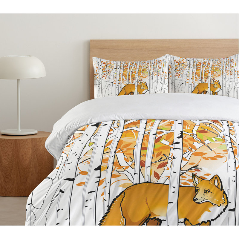 Queen Orange White Black Fox Hunting Duvet Cover Set