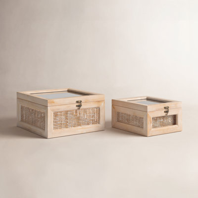 Dandelion The Highfill Wood Glass Top Box With Rattan Side Panels And Bronze Hook Closures