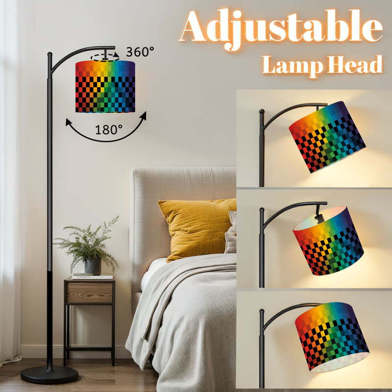 Lampe sur pied à arc avec abat-jour réglable, arc-en-ciel noir, drapeau à damier sans soudure, lampe sur pied, 3 températures de couleur, gradateur haut avec interrupteur au pied pour la chambre à coucher