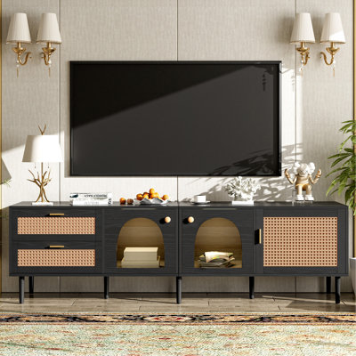 Meuble télé en rotin avec 3 armoires et 2 tiroirs, console multimédia inspirée du rotin pour téléviseur de 80 po ou moins, meuble télé à DEL, meuble télé pour salon, chambre à coucher, cinéma maison