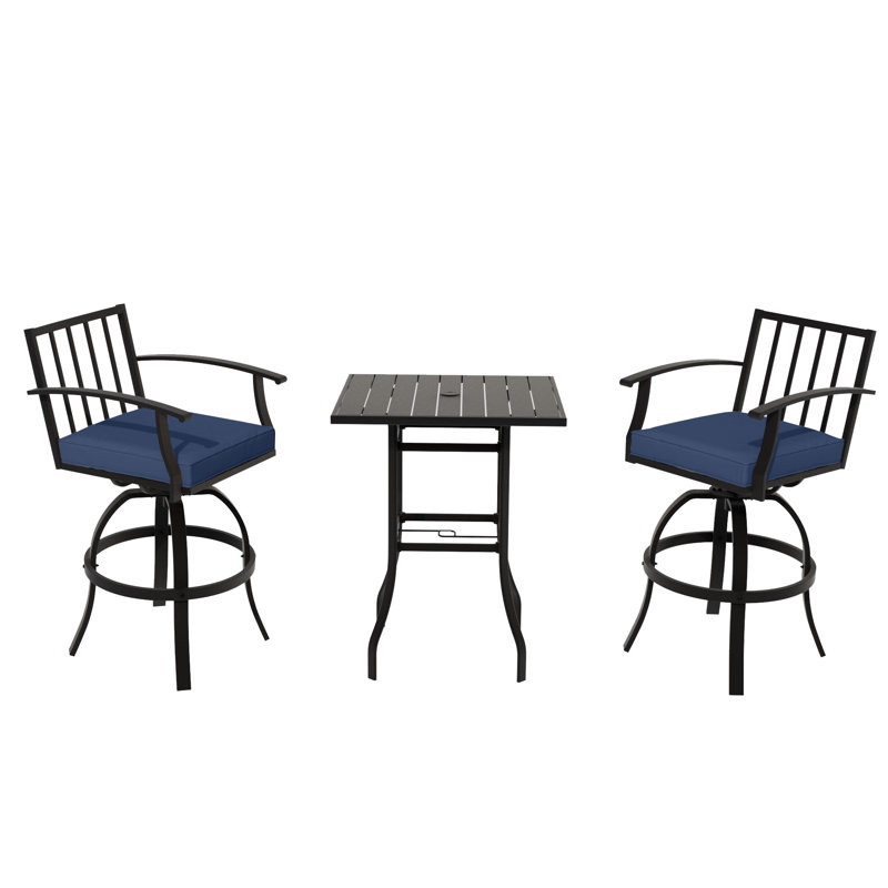 3-Piece Bar Dining Set With Swivel Armrest Chairs And Square Table, Navy, 2