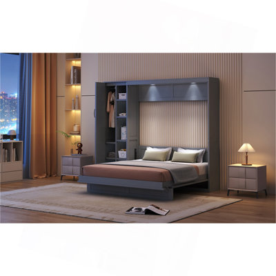 Grand lit escamotable mural avec tablettes, garde-robe et lumières DEL, gris