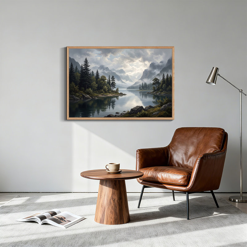 Art mural sur toile Misty Mountain Lake avec pins et rivage rocheux, H 36 po x l 48 po