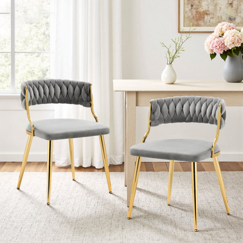 Christal 2 Piece Tufted Velvet Curved Weaved Back with Metal Legs Side Dining Chair Set, Gray