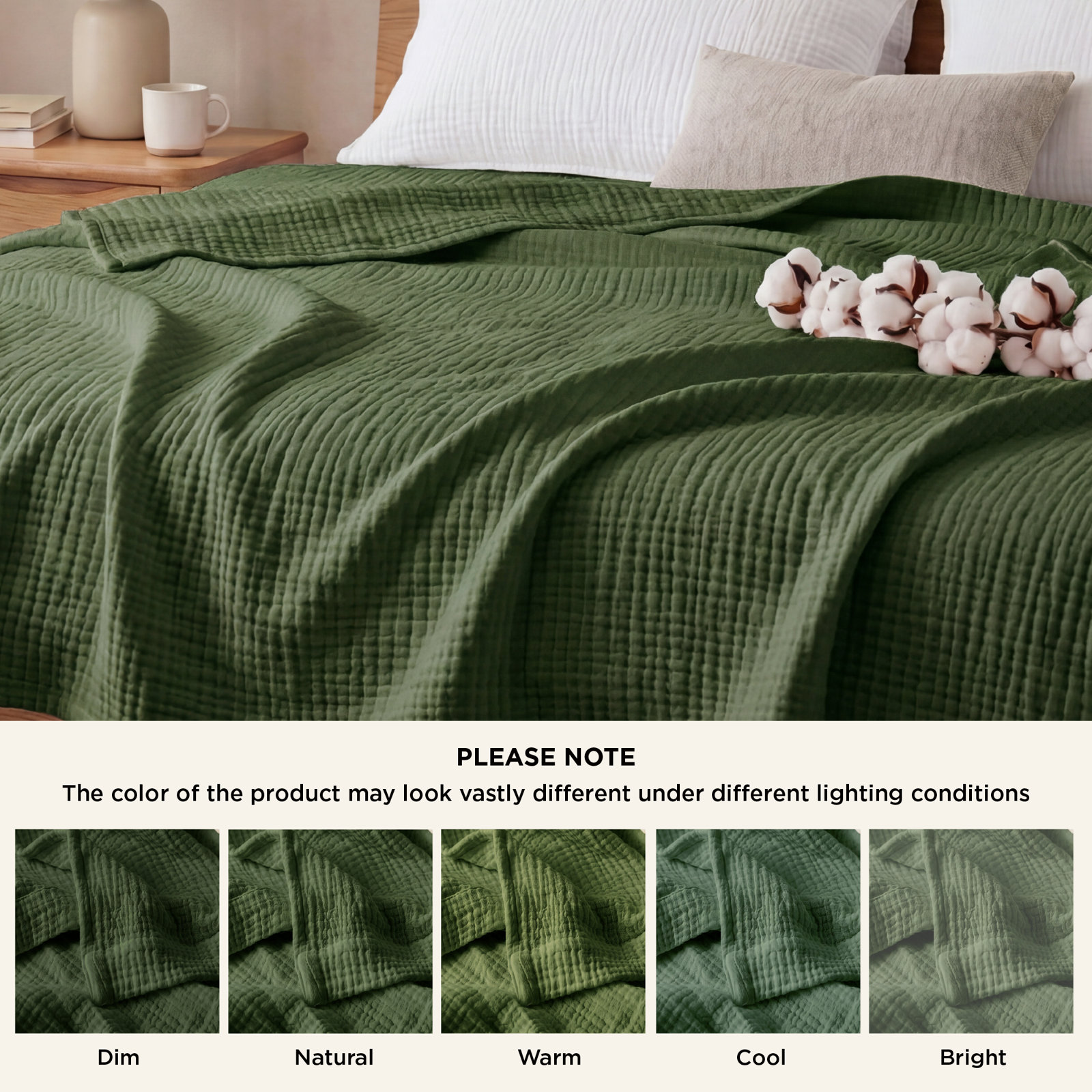 Bedsure Cotton Muslin Throw Blanket, Queen, Olive Green