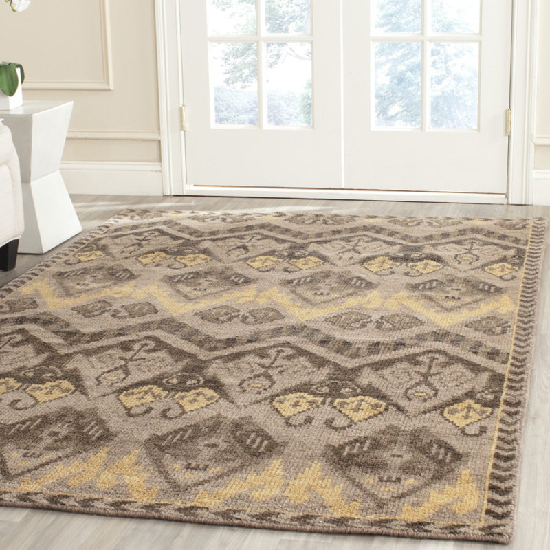 Tapis ikat en laine / coton noué à la main Nesika en brun / or / beige, Rectangle 8 pi x 10 pi