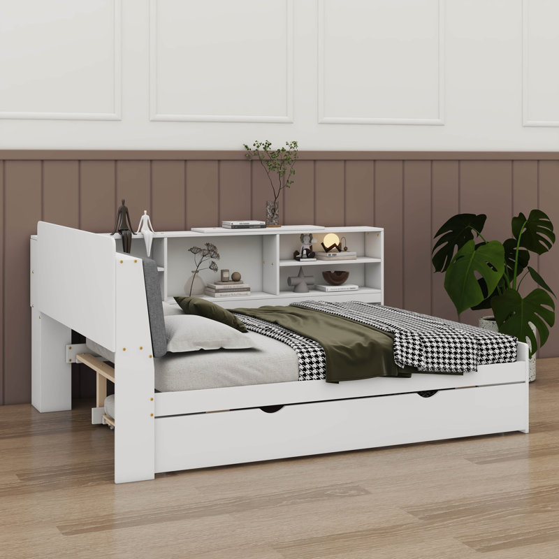 Lit plateforme pratique avec étagères gigognes escamotables et tête de lit avec rangement, Blanc