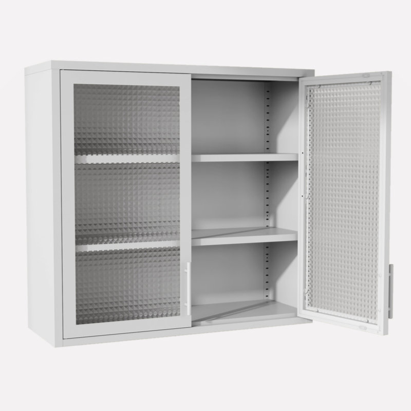Wall Mounted Storage Cabinet with Hazy Glass Doors and 2 Adjustable Shelves, White
