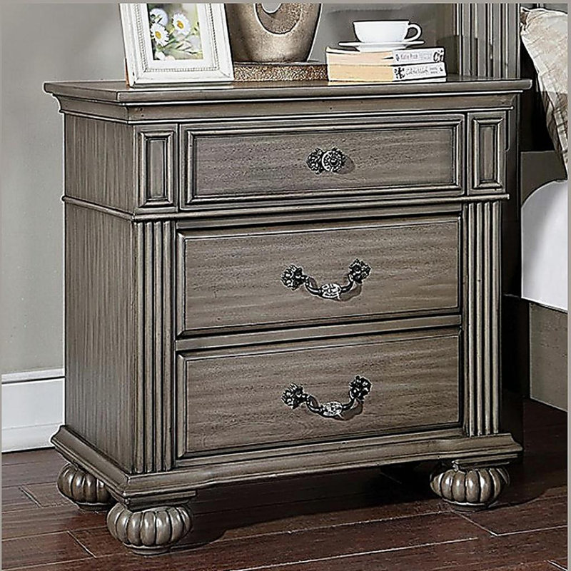 1pc Nightstand Only Traditional Dark Walnut Solid wood 3-Drawers Ball Bearing Metal Glides Antique Brass Handles w/ Acrylic Accent Bedroom Furniture