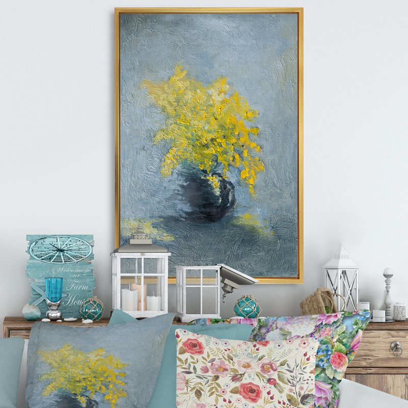 Nature morte jaune et bleu Mimosa - Peinture, H 20 po x l 12 po x P 1 po, Cadre flottant doré