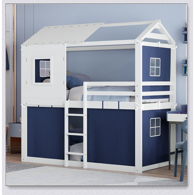 Bunk Wood House Bed With Tent, Lit simple, Bleu / blanc