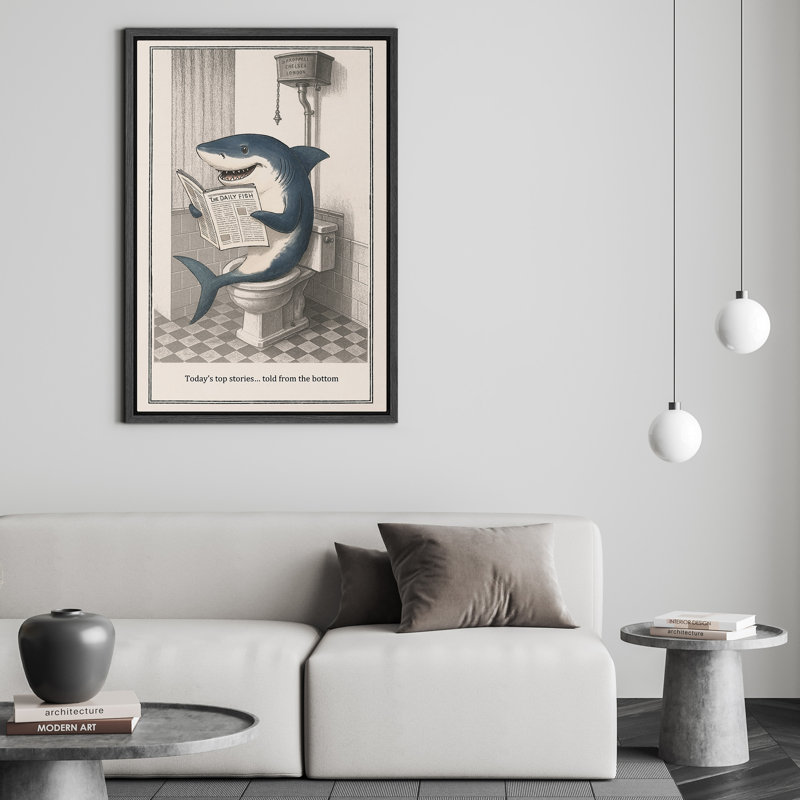 Requin lisant un journal sur une toile, art mural comique, impression audacieuse pour salle de bain avec humour océanique