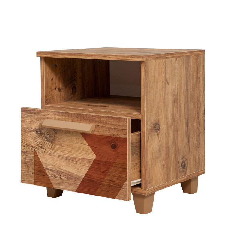 Modern Nightstand with Abstract Design, Atlantic Pine Finish, 17.7 x 20.5 x 15.7 inches | 100% Melamine Coated Particle Board, PVC Edge Banding, MDF Handles | Wall-Mountable, Multiple Shelves, Stylish & Functional Storage Solution
