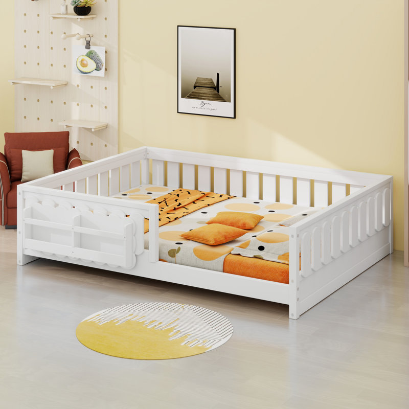 Platform Bed With Guardrail And Storage Shelves, White, Full