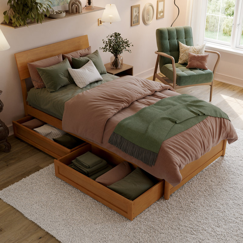 Lit plateforme en bois avec tiroirs de rangement Norla, Twin XL, Light Toffee