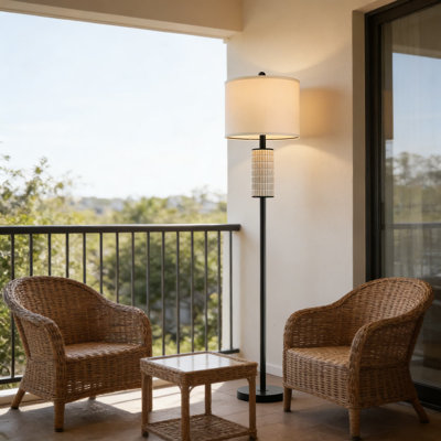 Ceramic Floor Lamp For Living Room, 64 Inch Modern Standing Lamp With Linen Shade And Rotary Switch, Farmhouse And Mid-Century Design For Bedroom, Office, And Reading Nook