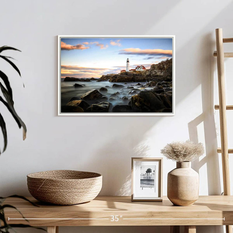 Coucher de soleil sur le phare de Portland, Cadre flottant blanc, 19 po x 13 po