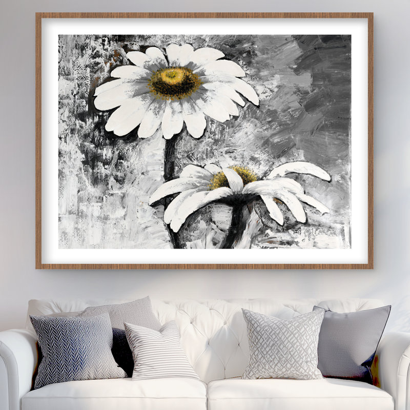 «Abstract Daisies Flowers - White Living», reproduction encadrée