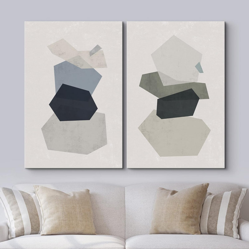 Abstract Shape " Geometric Pastel Blue & Green Polygon Layers Abstract Shapes Modern " 2 - Pieces, Wrapped Canvas
