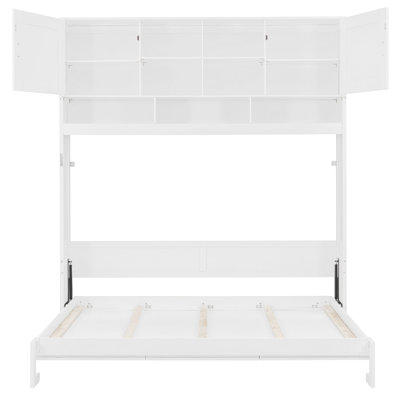 Queen Size Wall Murphy Bed with Cabinets, Shelves & Diamond Stripe Panels, Space-Saving Storage Design, White
