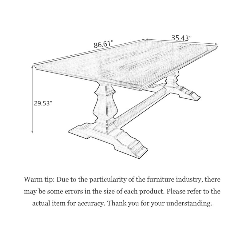 Rectangular All-solid Wood Dining Table in American Vintage Style, 29.53”H x 86.61”L x 35.43”W