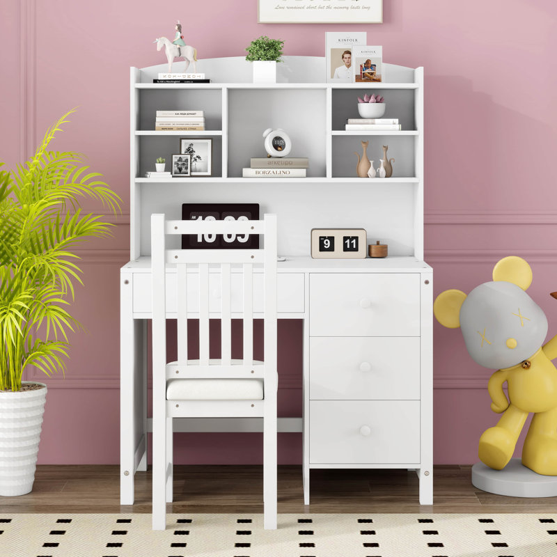 Writing Desk And Upholstered Chair Set With Bookshelf, 40'' Vintage Computer Desk With 4 Drawers, Hutch, And Chair, White